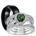 thumbnail image 1 of His and Hers 3 Piece Trio Sterling Silver Black Titanium Wedding Band Engagement Ring Set 9/7, 1 of 9