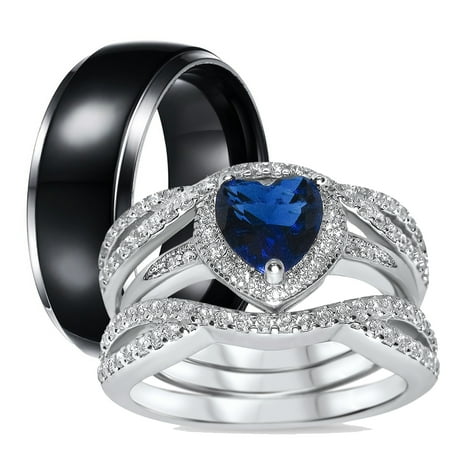 His and Hers 3 Piece Trio Sterling Silver Black Titanium Wedding Band Engagement Ring Set 9/8