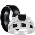 thumbnail image 1 of His and Hers 3 Piece Trio Sterling Silver Black Titanium Wedding Band Engagement Ring Set 9/8, 1 of 7