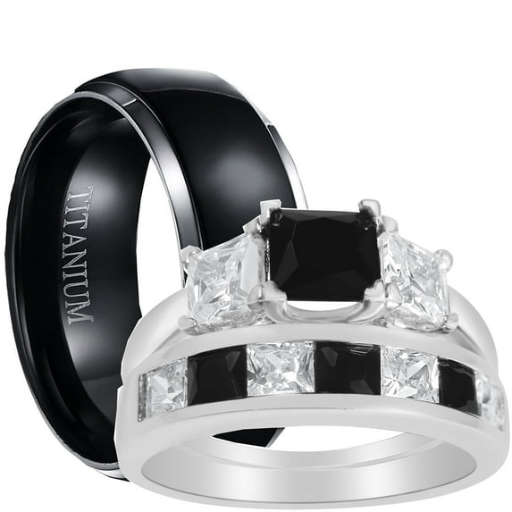 His and Hers 3 Piece Trio Sterling Silver Black Titanium Wedding Band Engagement Ring Set 9/8