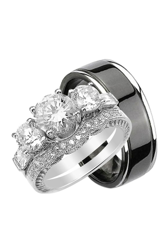 His and Hers 3 Piece Trio Sterling Silver Black Titanium Wedding Band Engagement Ring Set 9/8
