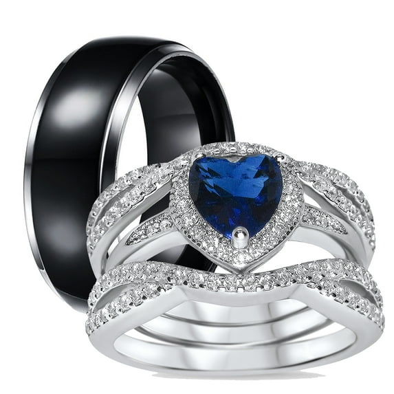His and Hers 3 Piece Trio Sterling Silver Black Titanium Wedding Band Engagement Ring Set 9/9