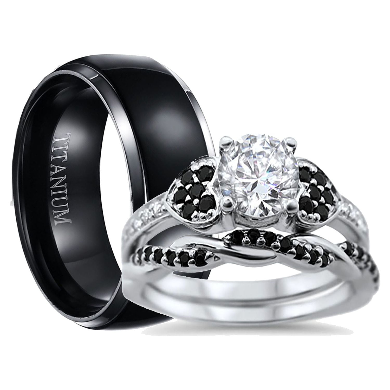 His and Hers 3 Piece Trio Sterling Silver Black Titanium Wedding Band Engagement Ring Set 99