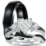 LARASO & CO His Hers 3 Piece Trio Sterling Silver Black Wedding Band Engagement Ring Set 4/11