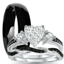 His and Hers 3 Piece Trio Sterling Silver Black Wedding Band Engagement Ring Set Men Women Him Her 11/13