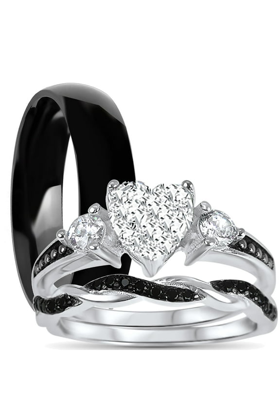 His and Hers 3 Piece Trio Sterling Silver Black Wedding Band Engagement Ring Set Men Women Him Her 11/13
