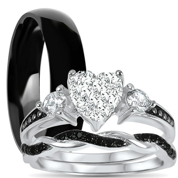 His and Hers 3 Piece Trio Sterling Silver Black Wedding Band Engagement Ring Set Men Women Him Her 11/9