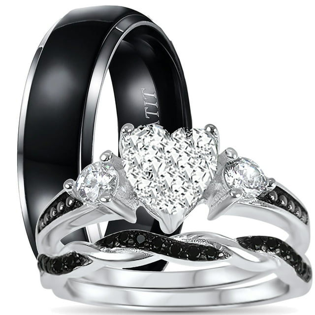 His and Hers 3 Piece Trio Sterling Silver Black Wedding Band Engagement Ring Set Men Women Him