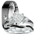 His and Hers 3 Piece Trio Sterling Silver Black Wedding Band Engagement Ring Set Men Women Him