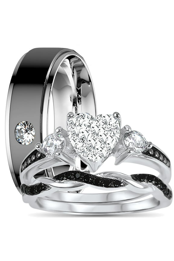 His and Hers 3 Piece Trio Sterling Silver Black Wedding Band Engagement Ring Set Men Women Him Her