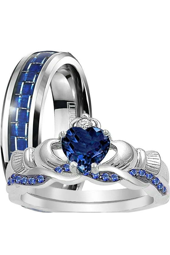 His and Hers 3 Piece Trio Sterling Silver Blue Titanium Wedding Band Engagement Ring Set 11/6