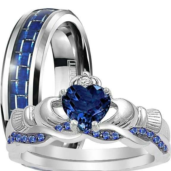 His and Hers 3 Piece Trio Sterling Silver Blue Titanium Wedding Band Engagement Ring Set 12/5