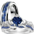 thumbnail image 1 of His and Hers 3 Piece Trio Sterling Silver Blue Titanium Wedding Band Engagement Ring Set 12/6, 1 of 9