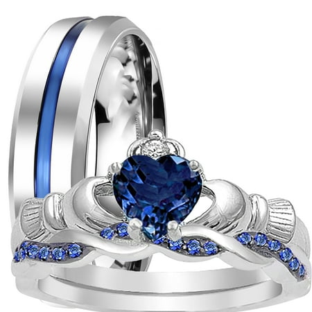 His and Hers 3 Piece Trio Sterling Silver Thin Blue Line Wedding Band Engagement Ring Set 13/6