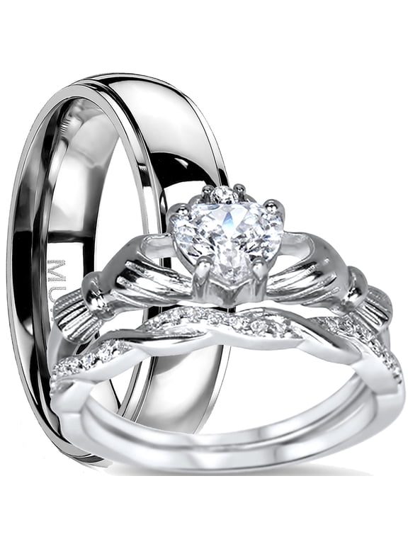 His and Hers 3 Piece Trio Sterling Silver Titanium Wedding Band Engagement Ring Set 12/9