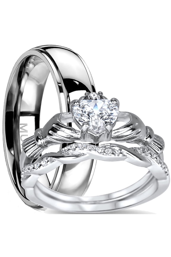 His and Hers 3 Piece Trio Sterling Silver Titanium Wedding Band Engagement Ring Set 13/5