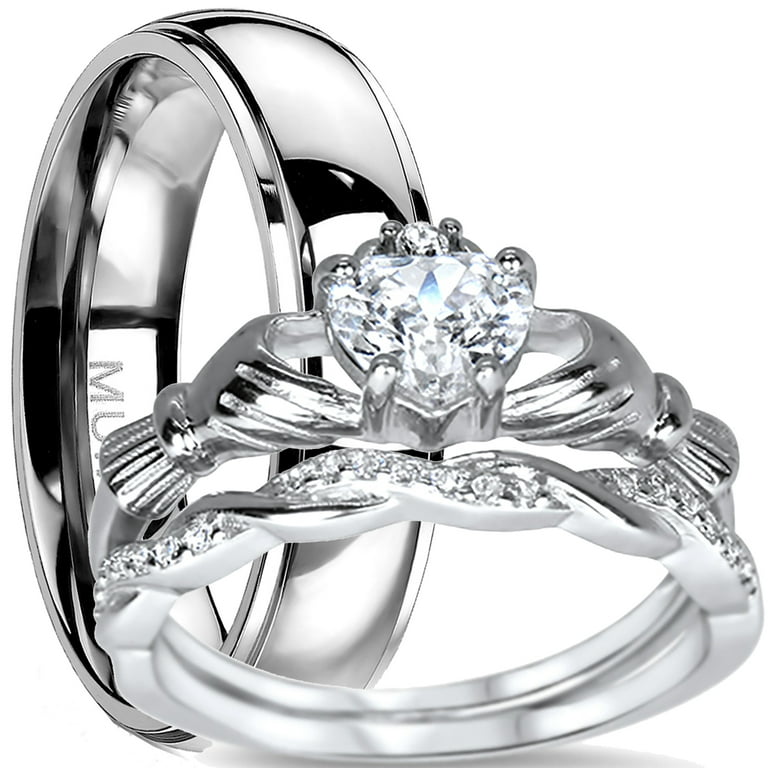 His and Hers Piece Trio Sterling Silver Titanium Wedding Band