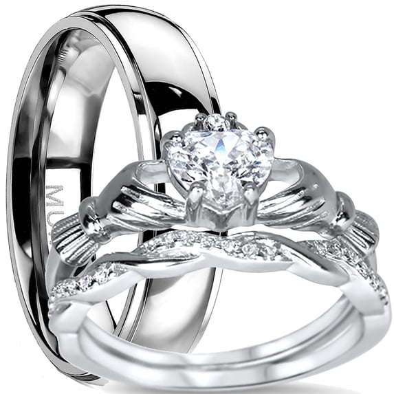His and Hers 3 Piece Trio Sterling Silver Titanium Wedding Band Engagement Ring Set 9/8
