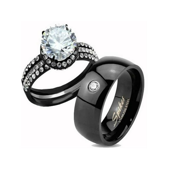 His and Hers 3pc Black Ion Plated Stainless Steel Wedding Engagement Ring Band Set Women's Size 07 Men's 06mm Size 05