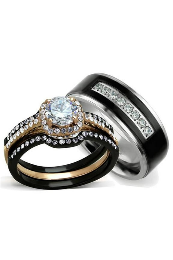 His and Hers 3pc Rose Gold Stainless Steel Wedding Ring Set and Black Titanium Band Size Women's 06 Men's 13