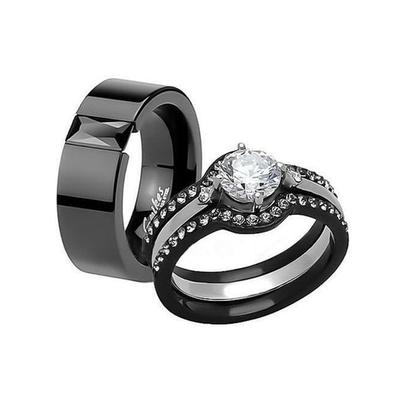 His and Hers 4pc Black Ion Plated Stainless Steel Wedding Engagement Ring Band Set Women's Size 06 Men's 08mm Size 09