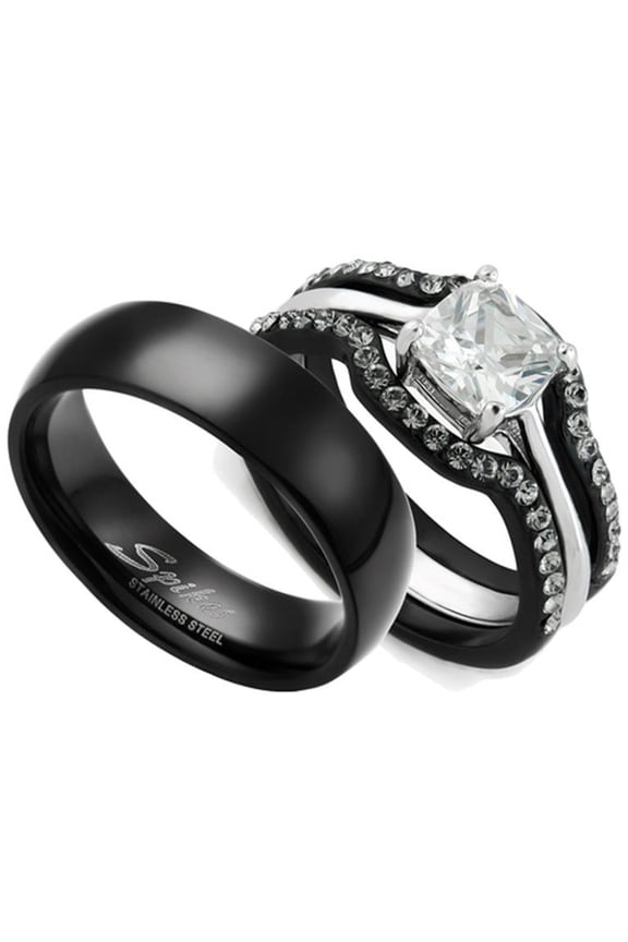 His and Hers 4pc Black Stainless Steel Wedding Engagement Ring and Classic Band Set Women's Size 06 Men's 06mm Size 13