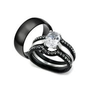 His and Hers 4pc Black Stainless Steel Wedding Engagement Ring and Classic Band Set Women's Size 07 Men's 06mm Size 11