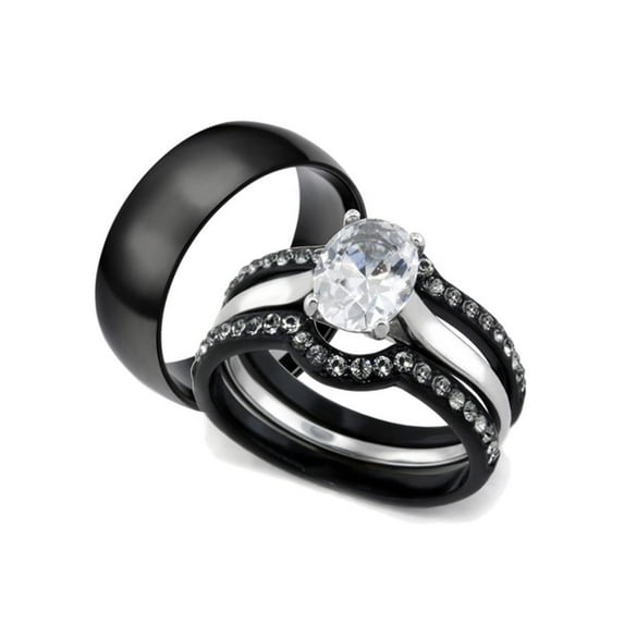 His and Hers 4pc Black Stainless Steel Wedding Engagement Ring and Classic Band Set Women's Size 07 Men's 08mm Size 13