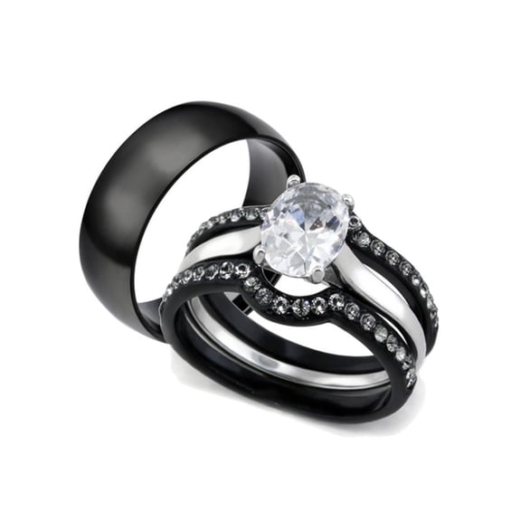 His and Hers 4pc Black Stainless Steel Wedding Engagement Ring and Classic Band Set Women's Size 08 Men's 06mm Size 08