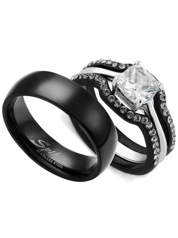 His and Hers 4pc Black Stainless Steel Wedding Engagement Ring and Classic Band Set Women's Size 09 Men's 06mm Size 07