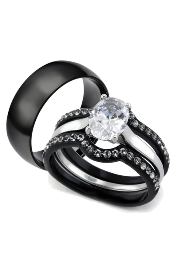 His and Hers 4pc Black Stainless Steel Wedding Engagement Ring and Classic Band Set Women's Size 09 Men's 06mm Size 11