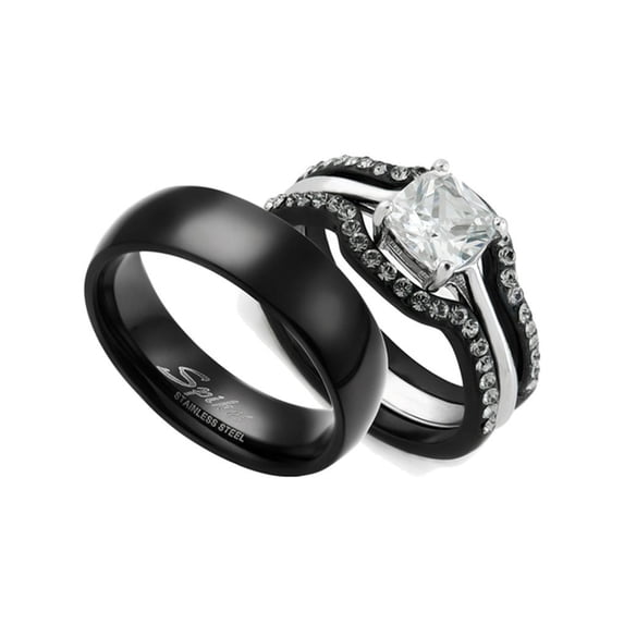 His and Hers 4pc Black Stainless Steel Wedding Engagement Ring and Classic Band Set Women's Size 10 Men's 06mm Size 05