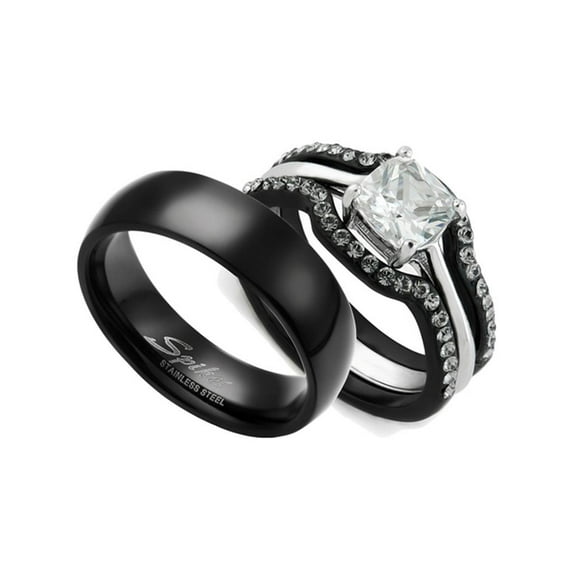 His and Hers 4pc Black Stainless Steel Wedding Engagement Ring and Classic Band Set Women's Size 10 Men's 06mm Size 09