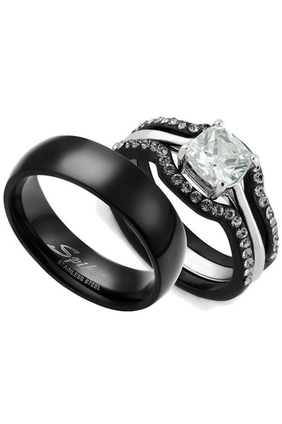 His and Hers 4pc Black Stainless Steel Wedding Engagement Ring and Classic Band Set Women's Size 10 Men's 06mm Size 13