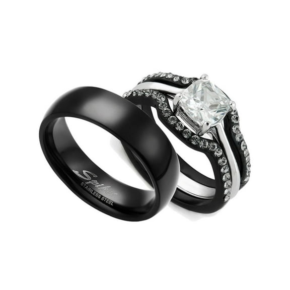 His and Hers 4pc Black Stainless Steel Wedding Engagement Ring and Classic Band Set Women's Size 10 Men's 08mm Size 14