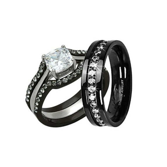 His and Hers 4pc Black Stainless Steel and Titanium Wedding Engagement Ring Band Set Size Women's 05 Men's 08