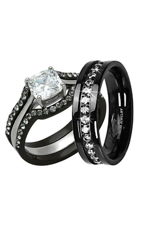 His and Hers 4pc Black Stainless Steel and Titanium Wedding Engagement Ring Band Set Size Women's 08 Men's 11