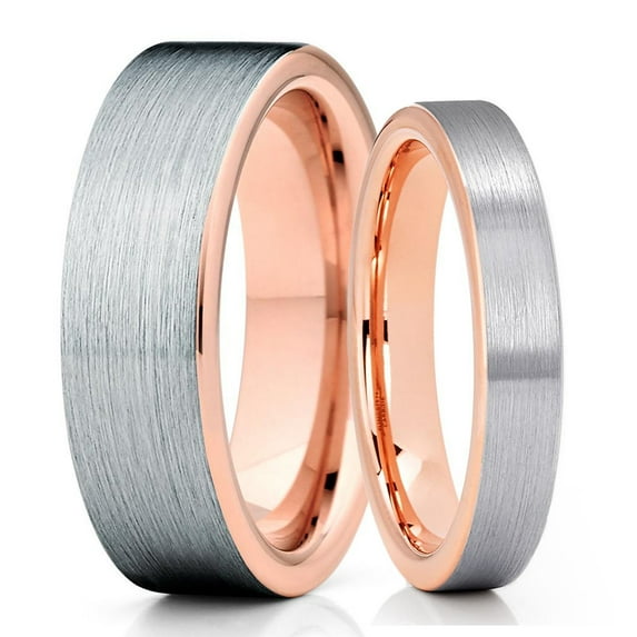His and Hers - 5mm & 8mm - Tungsten Wedding Band - Rose Gold Ring - Tungsten Wedding Ring - Brush