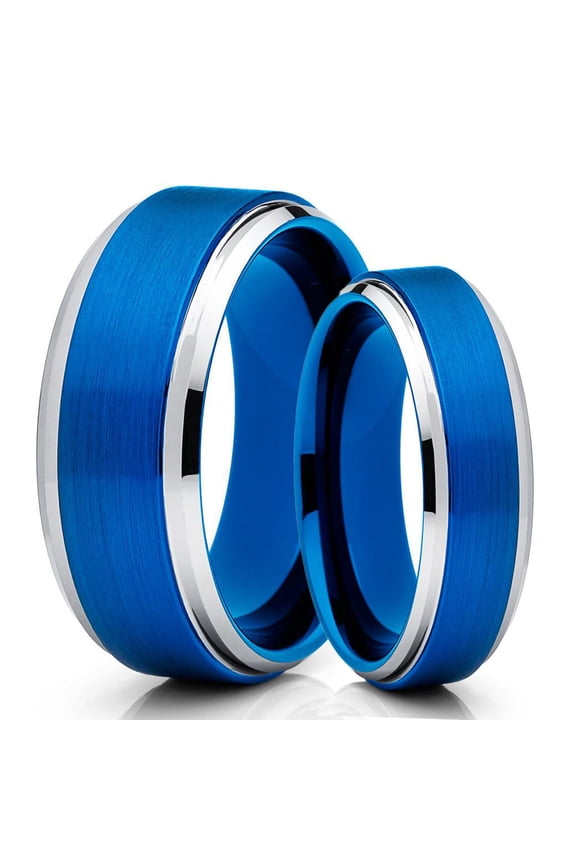 His and Hers 6mm & 8mm - Blue Tungsten Wedding Band - Blue Tungsten Ring - Silver Tungsten