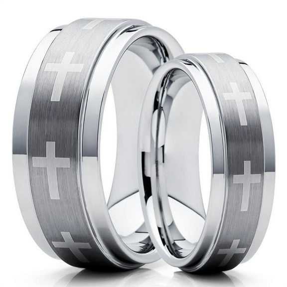His and Hers 6mm & 8mm Christian Ring - Tungsten Wedding Band - Cross - Tungsten Wedding Ring