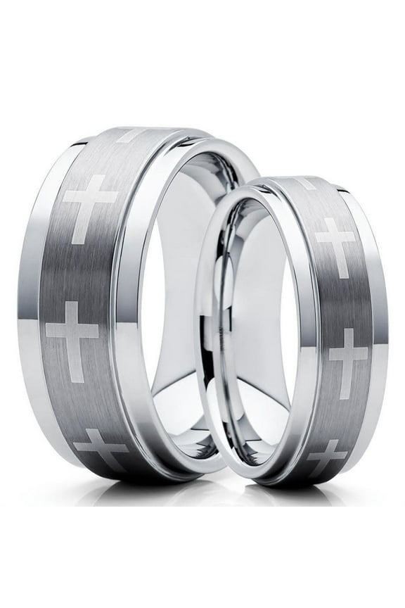 His and Hers 6mm & 8mm Christian Ring - Tungsten Wedding Band - Cross - Tungsten Wedding Ring