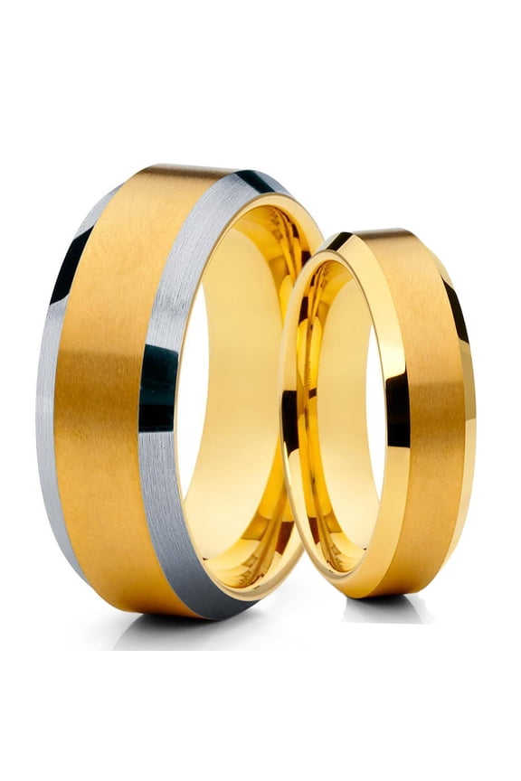 His and Hers - 6mm & 8mm -Tungsten Wedding Band - Yellow Gold Tungsten Ring - Yellow Gold Ring