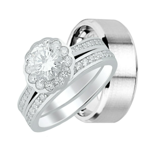 His and Hers CZ Bridal Wedding Ring Set Matching Wedding Bands for Him and Her