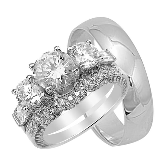 His and Hers CZ Wedding Ring Set Matching Trio Wedding Bands for Him (Titanium) and Her (Sterling Silver) (8/12)
