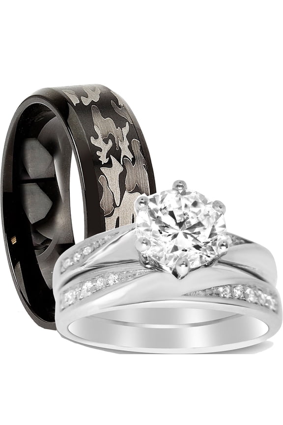 His and Hers CZ Wedding Ring Set Matching Wedding Bands for Him Size 10 and Her Size 5