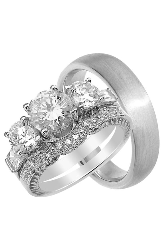 His and Hers CZ Wedding Ring Set Sterling Silver Steel Wedding Bands Him Her (9/10)