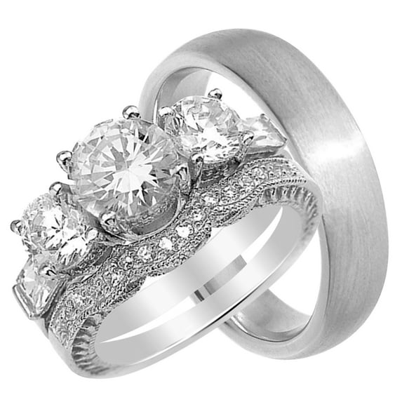 His and Hers CZ Wedding Ring Set Sterling Silver Steel Wedding Bands Him Her (9/11)