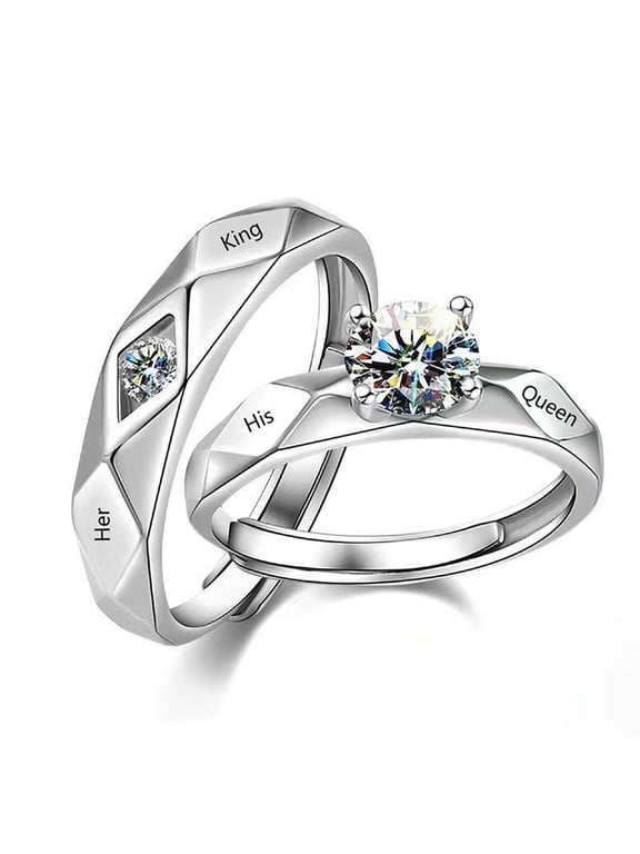 His and Hers Couple Rings, Silver Tone Matching Promise Rings with King Queen Engraving & Cubic Zirconia