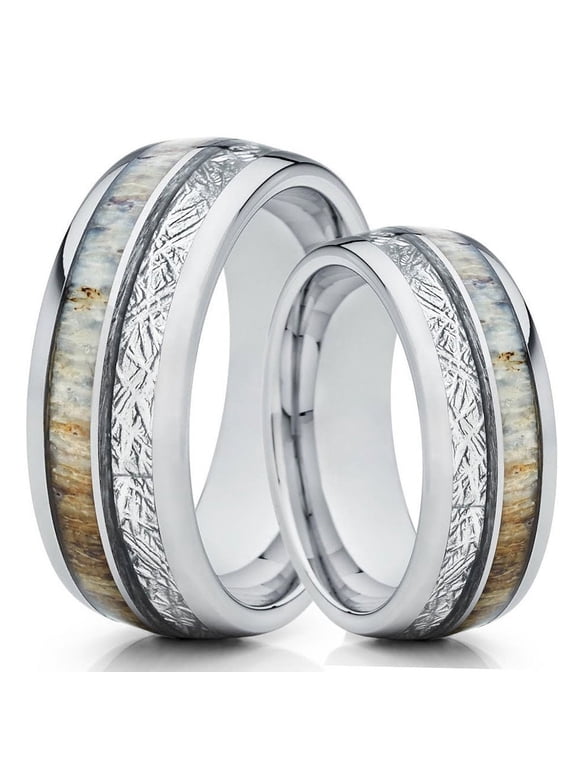 His and Hers Deer Antler Ring - Meteorite Ring - Deer Antler Wedding Band - 8mm