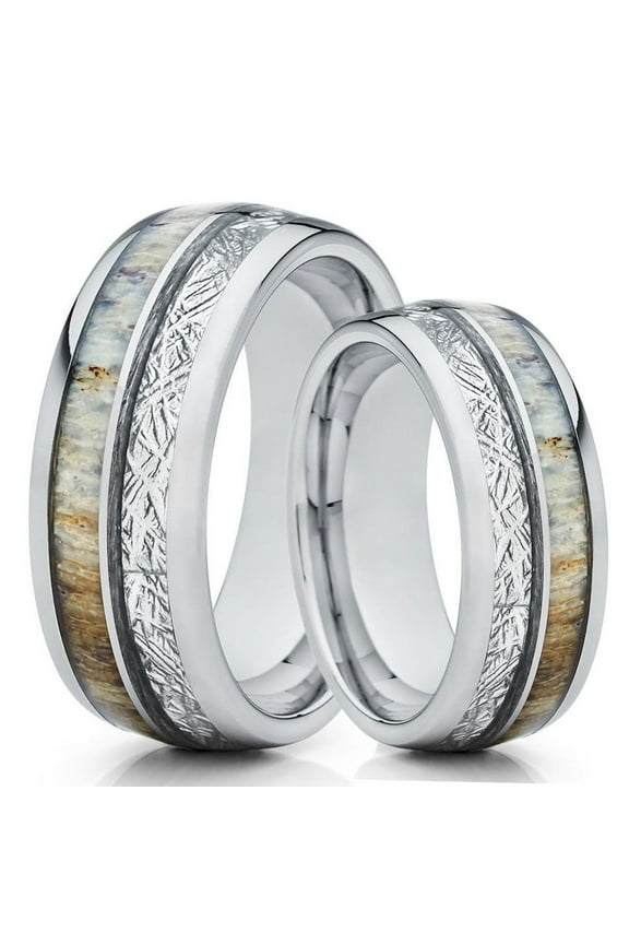 His and Hers Deer Antler Ring - Meteorite Ring - Deer Antler Wedding Band - 8mm